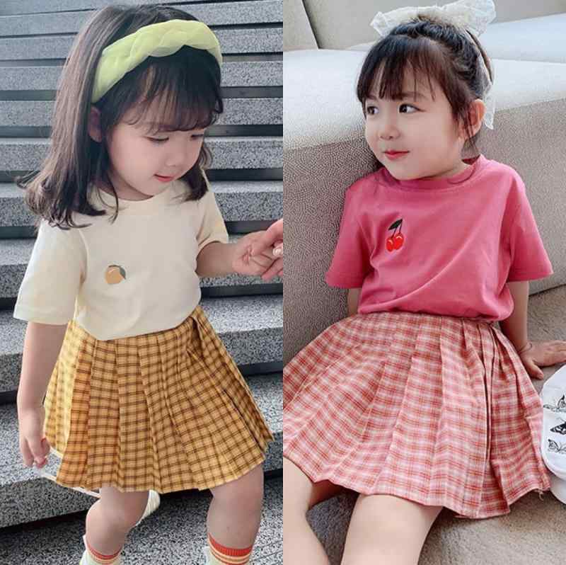 女児 春夏 かわいい セットアップ 女の子 3-8歳 桜桃 トップス 格子 スカート 2点セット 綿混紡 柔らかい 生地 短袖 純色 米色 ピンク ベビー 子供服 普段使い 軽量 普通厚 トレンド スタイル