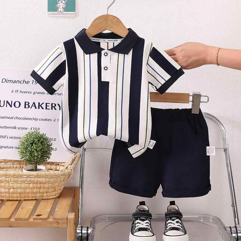 男児 ベビー キッズ 夏服 ストライプ ポロシャツ 半袖 トップス 短パン セット 綿 柔らかい 薄手 軽量 吸湿速乾 通気性 普段使い 遊び着 1-3歳 80-100cm
