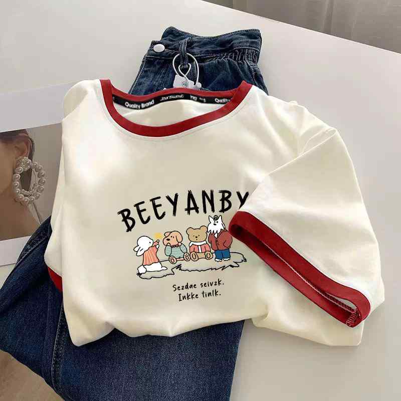 キッズ 女の子 Tシャツ トップス 短袖 切り替え カラーブロック 丸首 コットン 100% 綿素材 快適 軽量 通気性 吸湿速乾 かわいい 動物 プリント 柄 夏 春夏 子供服 8歳以上 中大 サイズ 110cm 120cm 130cm 140cm 1