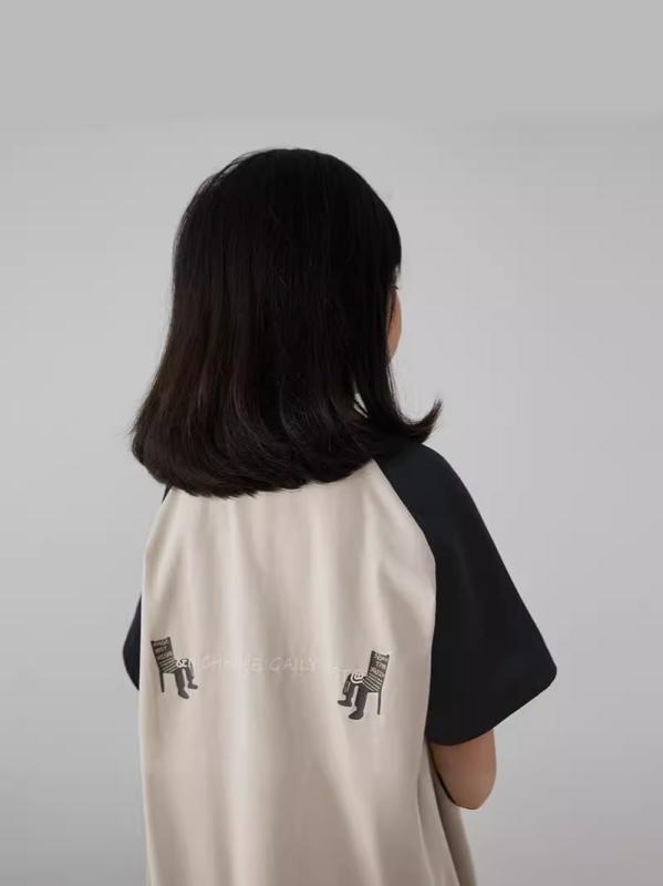 子供服 キッズ トップス 女児 男児 短袖 Tシャツ 綿素材 接触冷感 切り替えデザイン 挿肩袖 ゆったりシルエット 春秋夏 通学 普段使い 部屋着 ベーシックカラー アイボリー系 伸縮性 吸湿速乾 軽量 ユニセックス