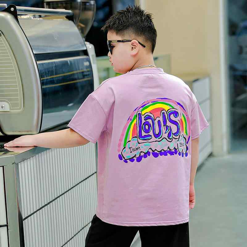 キッズ Tシャツ 男の子 夏用 短袖 トップス 中大童 ゆったり 綿 素材 接触冷感 丸首 虹色 プリント ピンク 白 黒 カラーバリエーション 軽量 吸湿速乾 伸縮性 通園 通学 普段使い かわいい カジュアル