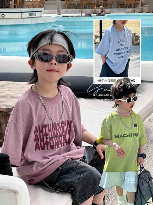 男の子 トップス 子供服 夏 丸首 短袖 Tシャツ 韓版 ゆったり 綿 95% 伸縮性 吸湿排汗 柔らかい 加工 アルファベット パターン ブルー グリーン ピンク 3～8歳 100～150cm