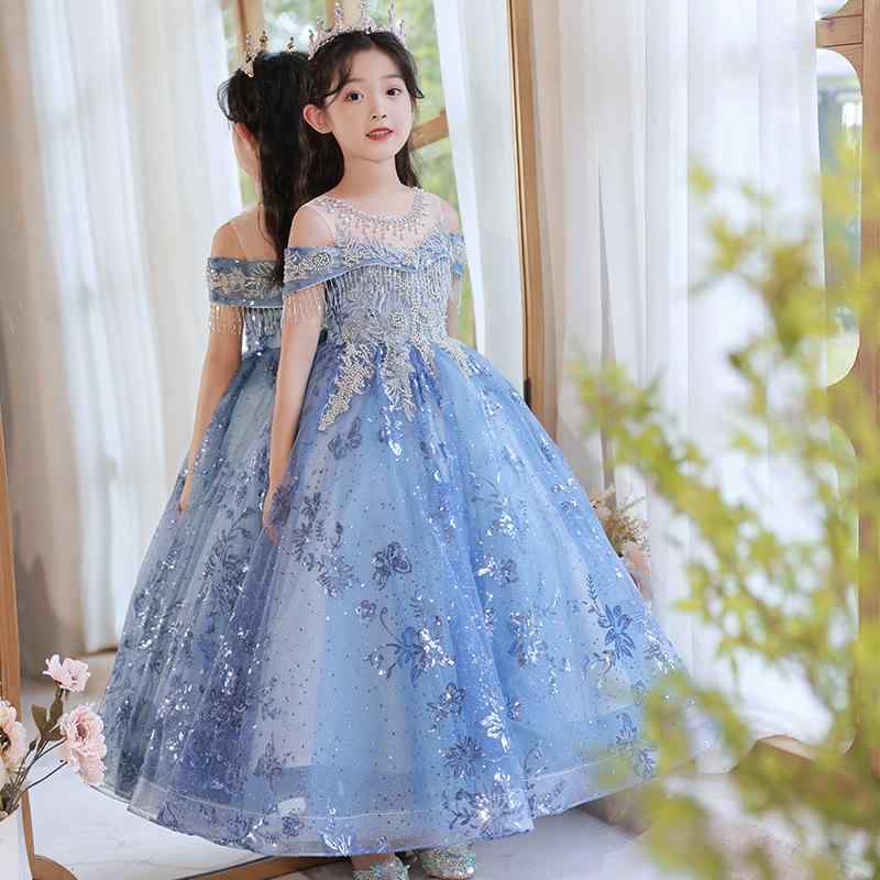 キッズ 女の子 礼服 プリンセスドレス ふんわりチュールドレス 花柄 レースアップ ロングトレーン ステージパフォーマンス用 子供 女児 発表会 ピアノ発表 かわいい ポリエステル混紡 プリーツ加工 軽量 伸縮性 通年使用