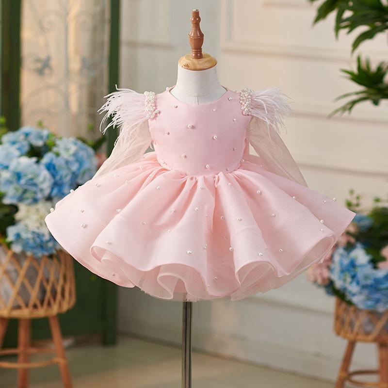 女の子 ドレス 女児用 誕生日 プリンセスドレス かわいい ピンク 泡泡袖 フリルスカート チュール素材 ポリエステル混紡 プリンセススタイル 蝶結びデザイン 通年使用 女の子パーティー用 かわいいガールズドレス 軽やか 女児礼服