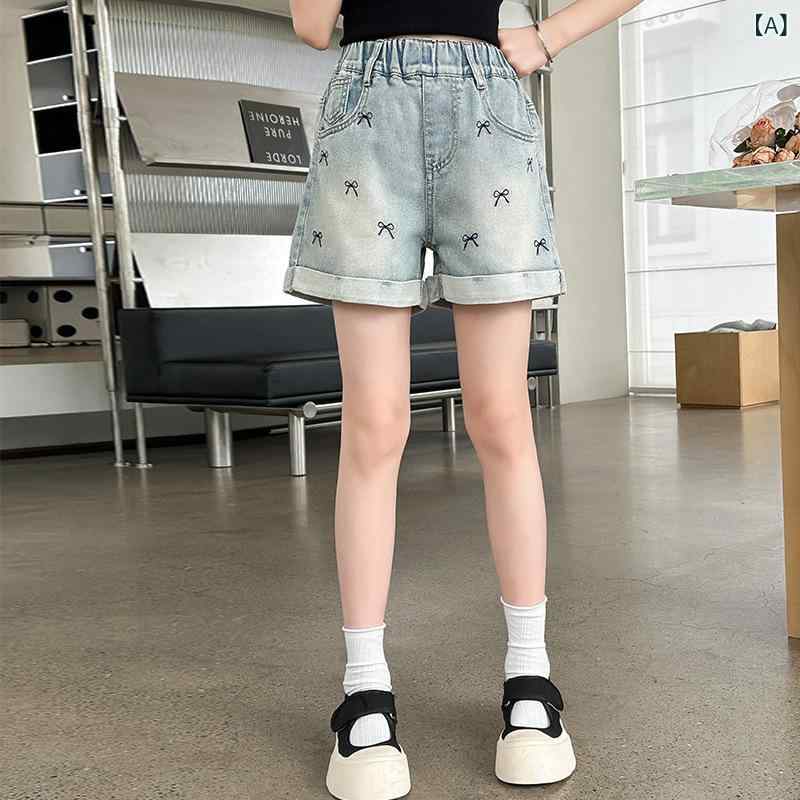 女児 牛仔 ショートパンツ キッズ ガールズ 夏用 綿素材 薄手 軽量 伸縮性 直筒 ルーズフィット 中腰 スポーツスタイル ブルー 純色 柔軟 8歳以上 140cm以上 120cm 130cm 150cm 160cm 170cm