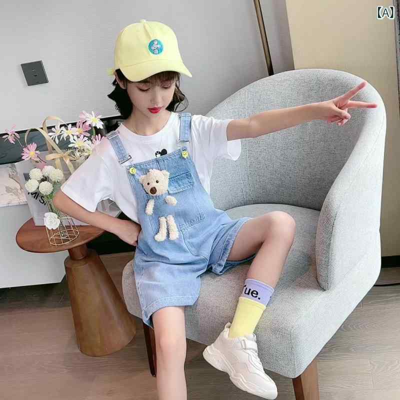 女児 背広パンツ セット かわいい 夏服 綿 デニム ショートパンツ 薄手 ライトブルー ミントグリーン イエロー 子供 8歳以上 120cm 以上 140cm 以上 通気性 伸縮性 子供服 普段使い カジュアル トップス 付き カードゥ 柄 軽量 吸湿
