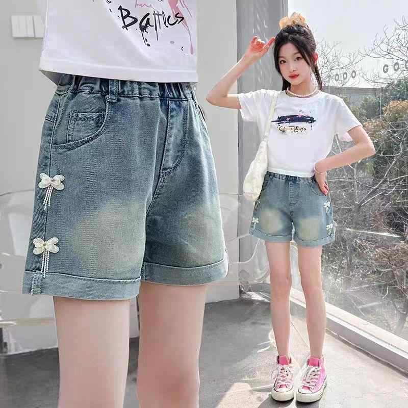女児 牛仔 ショートパンツ 夏用 綿 素材 柔軟 処理 高腰 デザイン かわいい スタイル 短丈 熱パンツ 子供用 普段使い 軽量 伸縮性 吸湿速乾 通気性 デニム ブルー 系 女の子 向け 8歳以上 中大童 サイズ