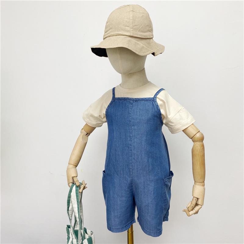 キッズ 吊り帯 ショートパンツ 男の子 女の子 夏用 綿 デニム 接触冷感 柔らかい 軽量 ゆったりシルエット 純色 牛仔ブルー 中腰 ボタン ジッパー 3～8歳 80～130cm 通気性 吸湿速乾 普段使い アウトドア