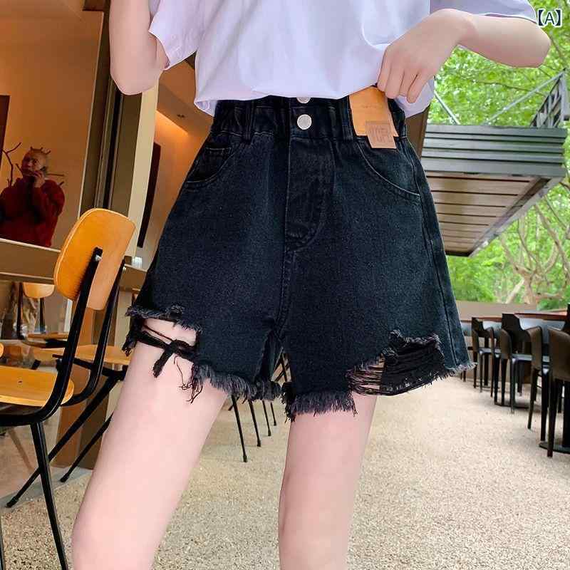 女の子 デニム ショートパンツ 春夏 子供用 韓風 スタイリッシュ 破れ デザイン 高腰 綿 素材 柔軟 加工 軽量 通気性 ブラック ライトブルー 120cm 130cm 140cm 150cm 160cm 170cm 中大童 サイズ