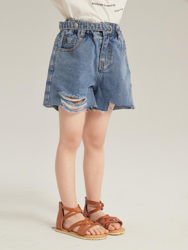 キッズ 女の子 デニムパンツ 夏用 破れ加工 フレア ゆったりシルエット 柔軟素材 ポリエステル混 ミッドライズ ボタン留め ブルー 快適 日常使い 伸縮性 軽量 8歳以上 大きめサイズ