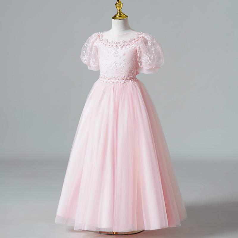 女児用 プリンセスドレス 結婚式 花嫁衣装 子供 礼服 ロングスカート 泡泡袖 レース チュール ポリエステル コットン ライニング フリル プリンセススタイル かわいい フォーマル ドレス 春夏 秋冬 ホワイト ピンク ライトブルー ネイビー 100c