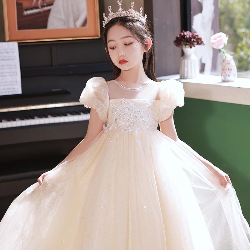 女児 礼服 スカート プリンセス ドレス 花嫁 子供 ホスト ドレス レース チュール トレンド スタイル 香? ゴールド カラー ポリエステル 素材 通年 普段使い フォーマル イベント 軽量 伸縮性 かわいい デザイン ビッグ シルエット