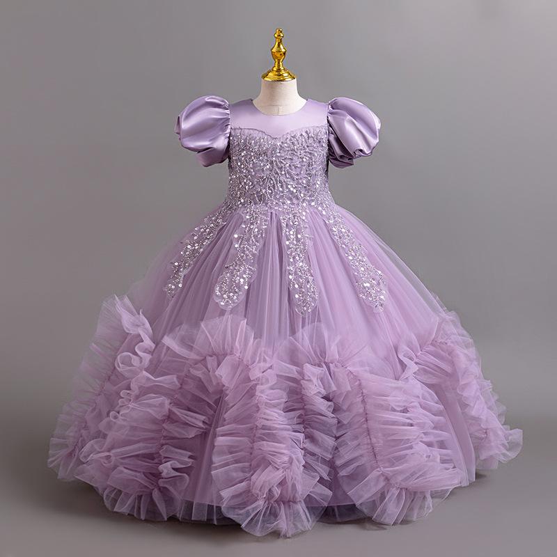 女児 プリンセスドレス チュール フレアスカート 手作りビーズ刺繍 フリル袖 子供用 礼服 発表会 誕生日 パーティー ダンス衣装 コットン ポリエステル 混紡 伸縮性 通年使用 オレンジ ホワイト パープル ピンクベージュ かわいい ビッグシルエット