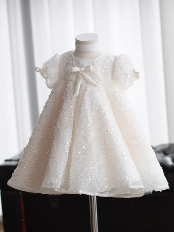 女児 ドレス 女の子用 キッズ 礼服 プリンセスドレス フリル チュール スカート 泡泡袖 かわいい スタイル 誕生日パーティー用 1歳 記念ドレス 白色 麻 素材 褶?加工 コーティング 剪毛 酵素洗 蝶結 リボン ジッパー 春夏 秋冬 通年 対応 1
