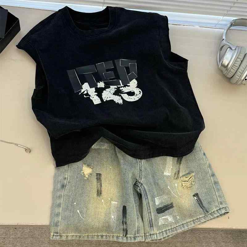 キッズ 男の子 夏 トップス セット 無袖 タンクトップ 綿 柔軟 接触冷感 吸湿速乾 牛仔 ショートパンツ 中丈 グラフィック プリント ブラック ストリート カジュアル 普段使い 3-8歳 90-140cm 通年対応