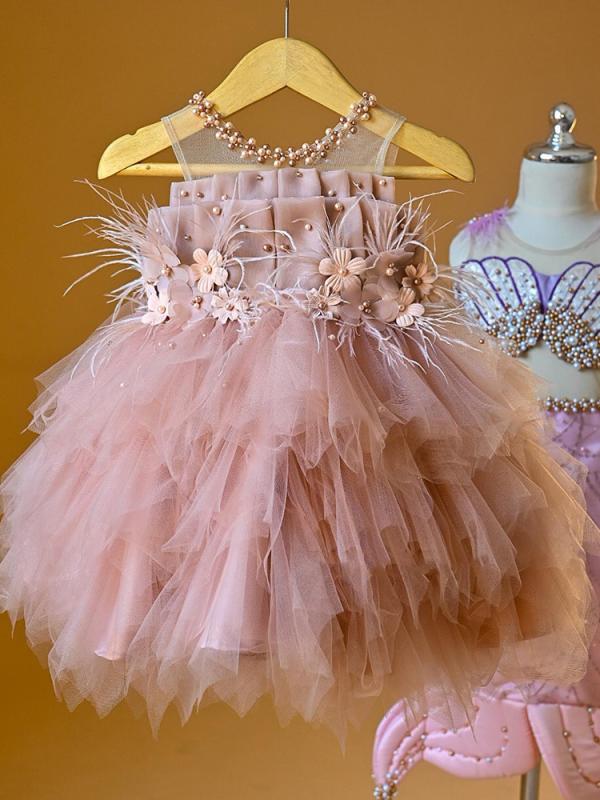 女児 ドレス プリンセス スカート 花柄 ビーズ 刺繍 チュール フレア スカート プリーツ かわいい 女の子 礼服 子供服 女児用 ミックスファイバー ポリエステル 混紡 軽量 通年 かわいい プリンセス スタイル 欧米風 甘め デザイン 子供 パーテ
