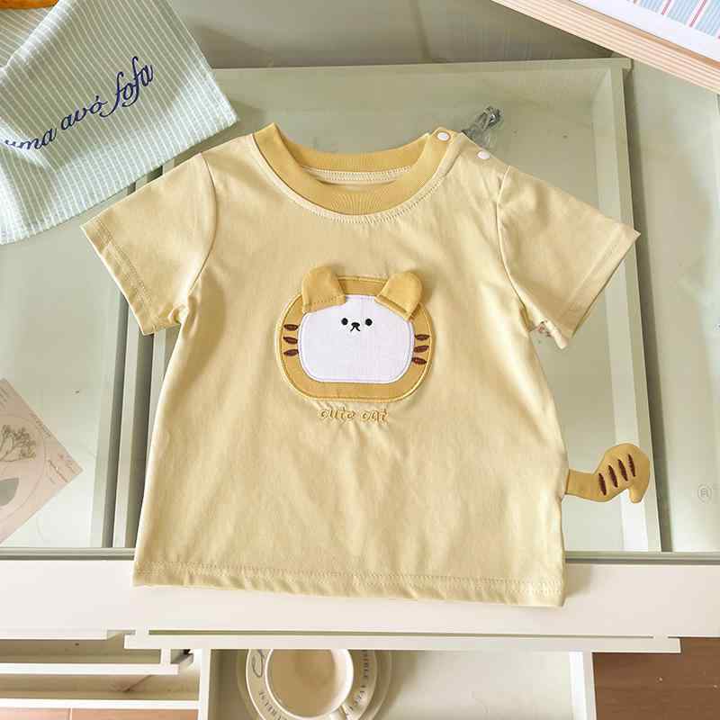 キッズ 短袖 Tシャツ かわいい トラ 刺繍 デザイン 軽量 綿 トップス 吸湿速乾 ユニセックス 夏 黄色 丸首 動物柄 通年使い 柔らかい 素材 1-3歳 80-100cm 韓風 カジュアル 普段使い