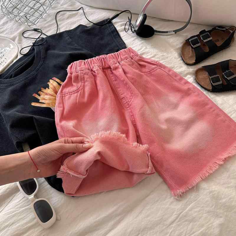 男の子 牛仔 ショートパンツ キッズ 中小 夏 春夏 ストレート ワイドレッグ ミッドライズ コットン 綿素材 柔軟 酵素洗 水洗加工 破れ フリンジ かわいい 運動 普段使い 通学 軽量 伸縮性 吸湿速乾 ピンク アイボリー 3～8歳 100～140c