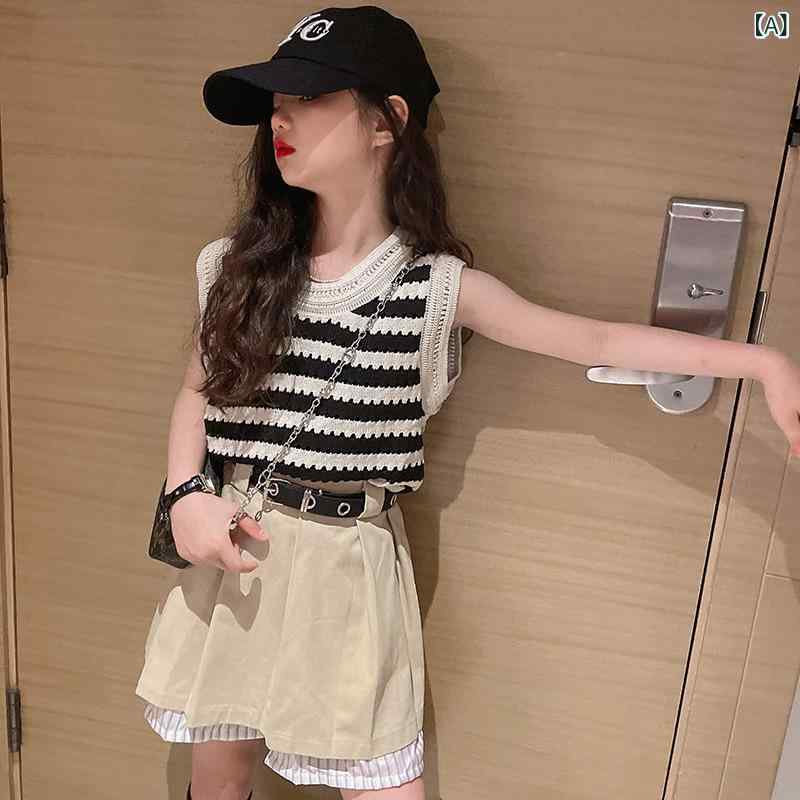 女児 トップス スカート セット キッズ 女の子 夏服 無袖 薄手 綿混紡 柔らかい ストレッチ 条紋柄 プリーツ 百褶 かわいい 気質 韓風 英気 プリンセス キャジュアル 親子 お揃い 通学 日常 遊び着 吸湿速乾 軽量 動きやすい 110cm 12