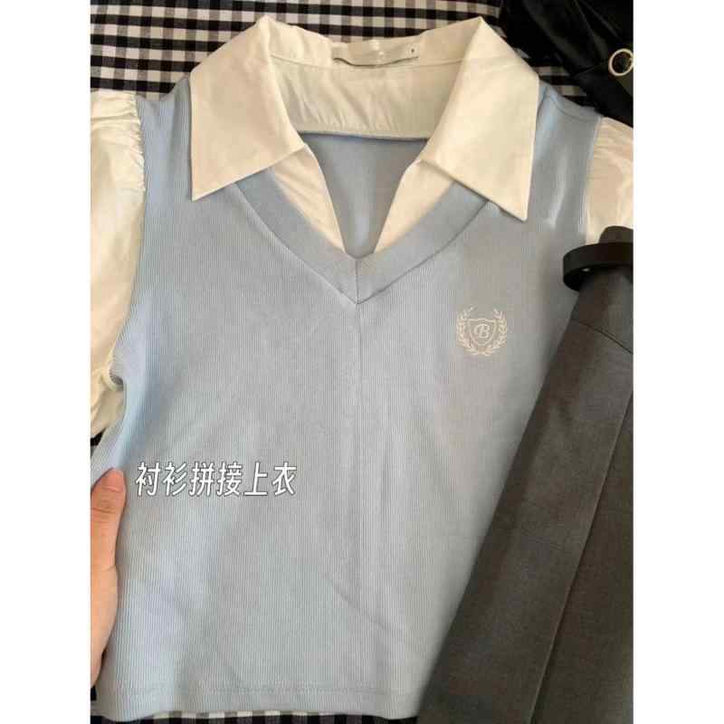 女の子 子供服 春夏 セットアップ 接触冷感 コットン 薄手 軽量 通気性 かわいい 学院風 時尚 短袖 シャツ トップス 切り替え ブルー グレー プリーツスカート 膝丈 スカート 100-160cm
