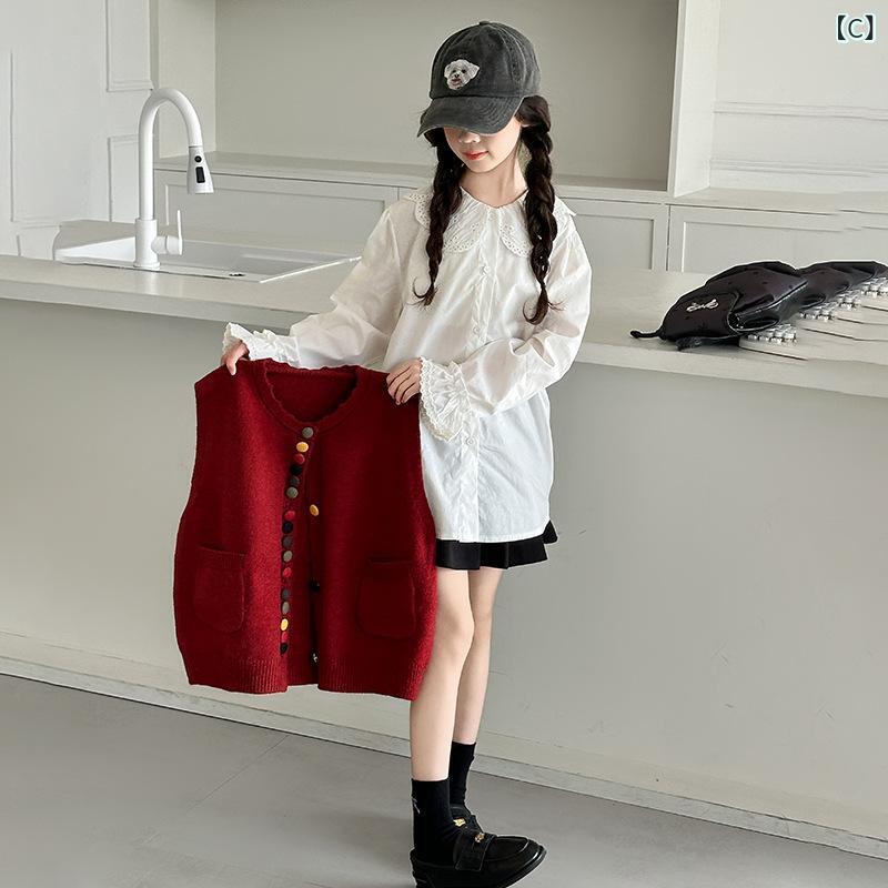女児 春秋 セットアップ かわいい 韓流 3点セット ニット ベスト 長袖 シャツ 綿 素材 柔軟 処理 純色 赤 米灰 白 黒 百褶 スカート 潮范 ミドルキッズ 8歳以上 120-170cm 対応 普通 厚み 単排 ボタン トップス ボトムス 組み合