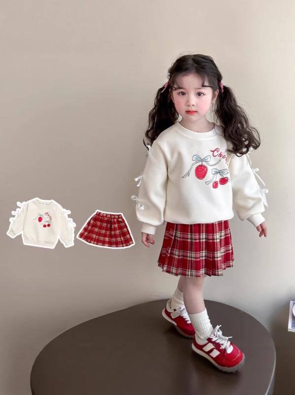 キッズ 女の子 春秋 綿混紡 長袖 フーディ セット スカート 百褶 学院風 格子柄 カードプリント 柔軟素材 普通厚 かわいい カジュアル 普段使い 3~8歳 100~140cm 杏色 トップス ボトムス 2点セット 伸縮性 快適 コーディネート