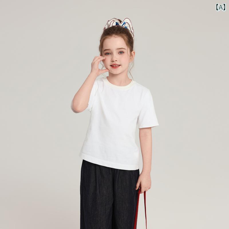 女児 Tシャツ 女の子 夏 綿 トップス 短袖 丸首 純色 百搭 柔軟 接触冷感 軽量 吸湿速乾 室内外 遊び着 学校用 かわいい シンプル デザイン 白色 ブラック 3～8歳 100～140cm