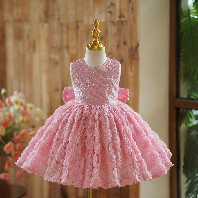 女の子 ドレス 女児 礼服 花嫁 子供 プリンセス スカート 誕生日 パーティー かわいい 蓬蓬 スカート チュール ポリエステル 軽量 玉粉色 ピンク プリンセス スタイル 女の子用 3～8歳 100～140cm 通年 かわいい 花柄 装飾 ふんわり