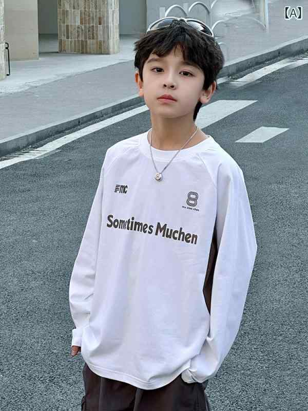 キッズ 男の子 中学生 大学生 長袖 Tシャツ トップス ユニセックス 韓系 切り替え アルファベット プリント 丸首 コットン 柔らかい 吸湿排汗 春秋 春夏 秋冬 白 ライトブルー カジュアル 普段使い 学校着 伸縮性 通気性 軽量 シンプル スタイ
