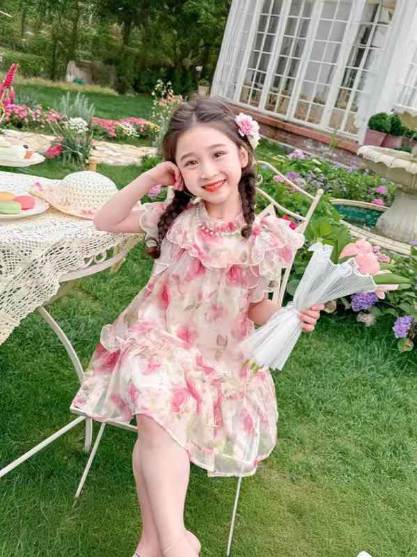 女の子 ワンピース 夏 キッズ 女児用 薄手 シフォン 花柄 フレアスカート かわいい プリンセス デザイン 接触冷感 柔らかい 綿混 ピンク イエロー 軽量 吸湿速乾 ビーチ 遊び着 通園着 100~140cm