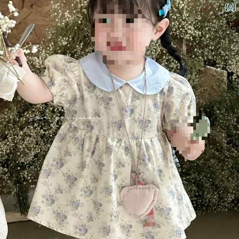 女の子 春夏 ワンピース 綿 素材 接触冷感 吸湿速乾 かわいい 森ガール スタイル フラワー柄 ブルー 系 Aライン スカート フレア デザイン 軽量 通気性 良い プリンセス 風 系帯 デザイン 女児 1-3歳 対応 サイズ 80-120cm 普段使