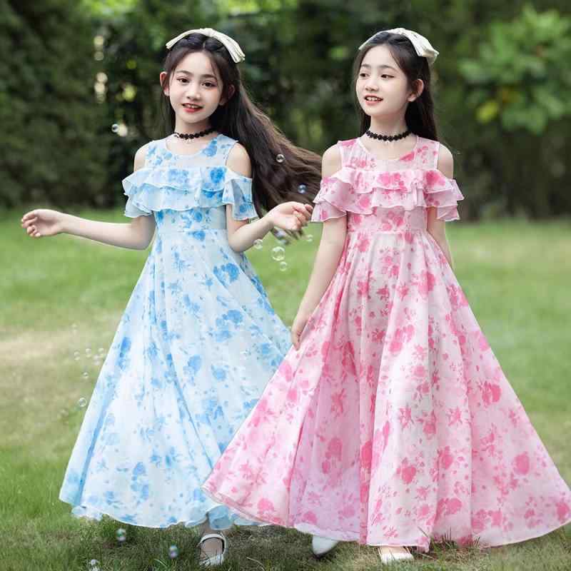 女児 ワンピース 春夏 子供 女の子 かわいい プリンセス フレア スカート 背心 吊り帯 花柄 ピンク ブルー 綿 ポリエステル 雪紡 柔らか 素材 通気性 軽量 夏服 中大童 8歳以上 140cm以上 日常 遊び着 ガールズ トップス ドレス ミドル