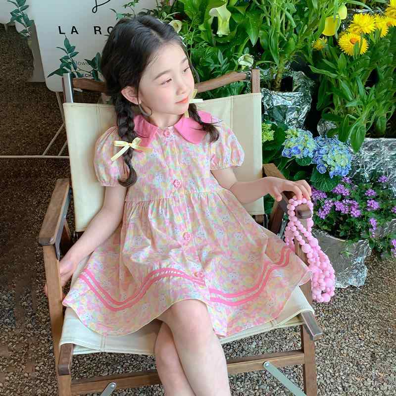女児 ワンピース 女の子用 子供 春夏 かわいい ピンク 花柄 綿 接触冷感 短袖 A字 プリンセス スカート 吸湿速乾 軽量 通気性 日常 カジュアル 3～8歳