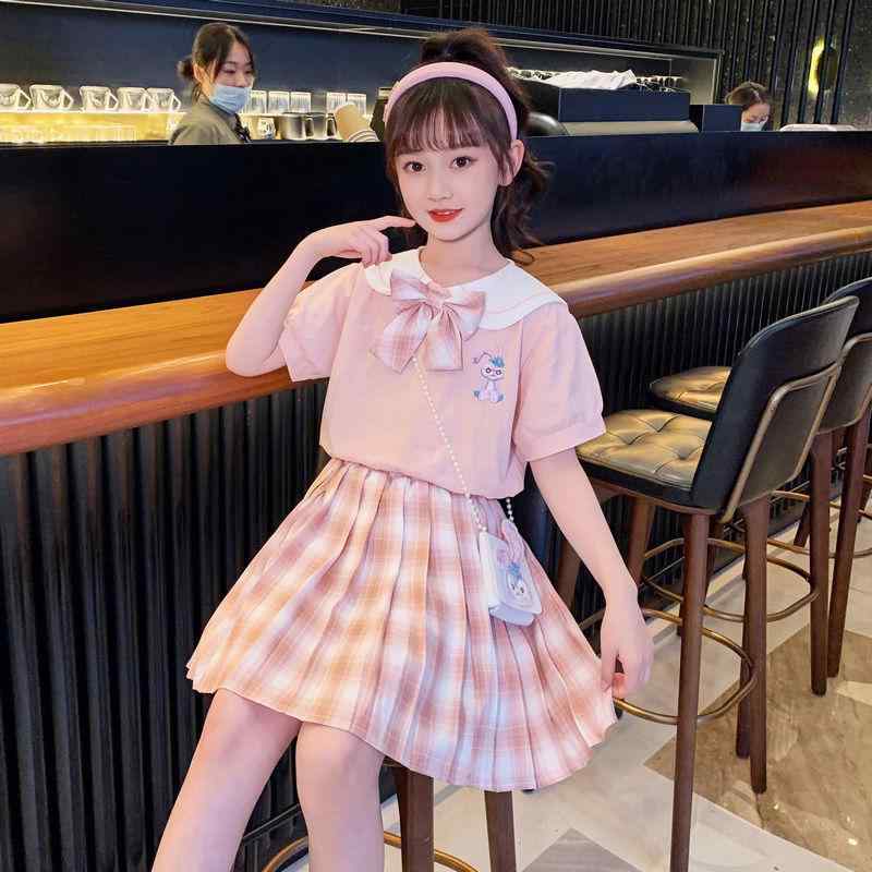 女の子 短袖 セットアップ プリンセス プリーツ スカート 夏服 学院風 チェック柄 蝶結び トップス 紫色 ピンク ポリエステル 吸湿速乾 通気性 かわいい 普段使い 110cm 120cm 130cm 140cm 150cm 160cm
