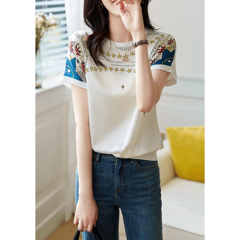 Tシャツ 女性用 春夏 接触冷感 再生繊維 短袖 トップス ワイドシルエット ラウンドネック プリント柄 切り替えデザイン セットインスリーブ ポリエステル 白 軽量 通勤 普段使い ルームウェア 伸縮性 吸湿速乾 高級感 ビッグシルエット カジュアル