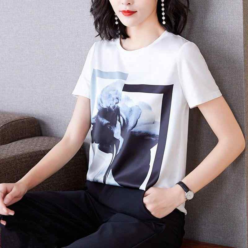Tシャツ レディース 夏 短袖 白色 丸首 プリント シャツ トップス シフォン ポリエステル ゆったり 通常袖 非対称 デザイン 気質 通勤 都市スタイル 水墨画 プリント ハート モチーフ 羽毛 パターン ダブル 切り替え ロータス 花柄 小木 柄