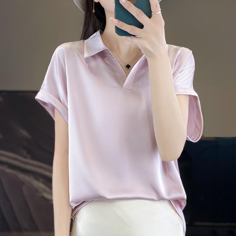 春夏 レディース ポロカラー 短袖 Tシャツ トップス 気質 通勤 普段使い 純色 シルク調サテン 接触冷感 再生繊維 切り替え 短丈 大きいサイズ 百搭 かわいい 軽量 伸縮性 吸湿速乾 ハイネック 丸首 Vネック ブラウス シャツ ブラック ピンク