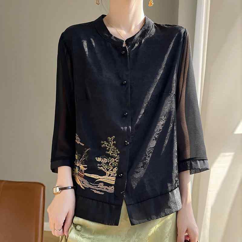 Tシャツ レディース 春夏 開衫 スタンドカラー パールボタン 刺繍 七分袖 シルク調サテン ポリエステル 修身シルエット 気質通勤 ブラック ホワイト 純色 圧花加工 短袖風 普通丈 優雅スタイル