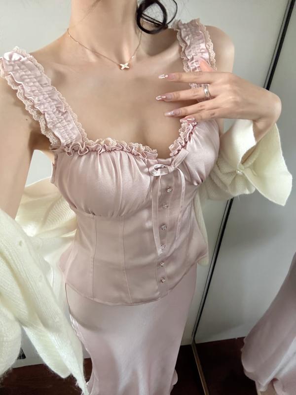 レディース 吊り紐 半身スカート セット 春夏 通勤風 気質 ピンク ミントグリーン 切り替え デザイン 修身 シルエット ピーチピンク 人魚 スカート フィッシュテール ロング スカート 無袖 ポリエステル 素材 系紐 アクセント ピュアカラー ビッグ