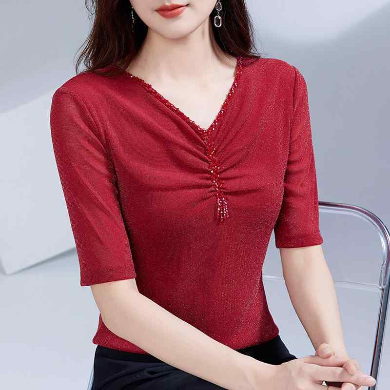Tシャツ レディース 春夏 中袖 Vネック ヒョウ柄 切り替え 網? 修身 気質 通勤 吸湿速乾 伸縮性 ブラック 紫色 赤 トップス インナー 普段使い 軽量 ハイネック ビッグシルエット