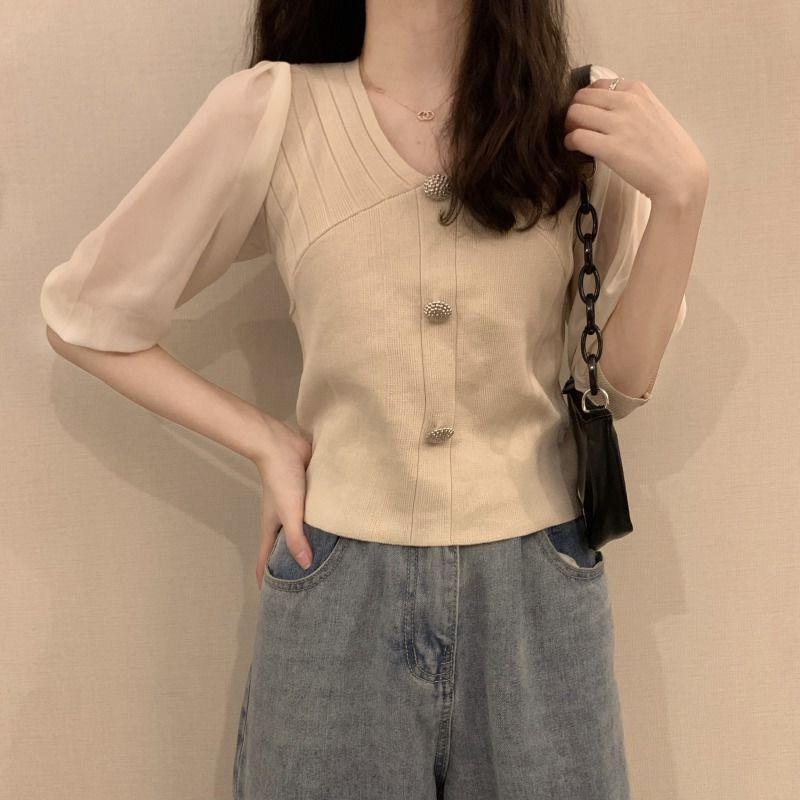 Vネック ニット カーディガン 女性用 春夏 レース 切り替え 短め トップス 接触冷感 綿混 ポリエステル 柔らかい 中厚 ブラック ホワイト ベージュ ピンク ライン プリンセス スタイル 清新 かわいい 長袖 オープン タイプ 日常使い