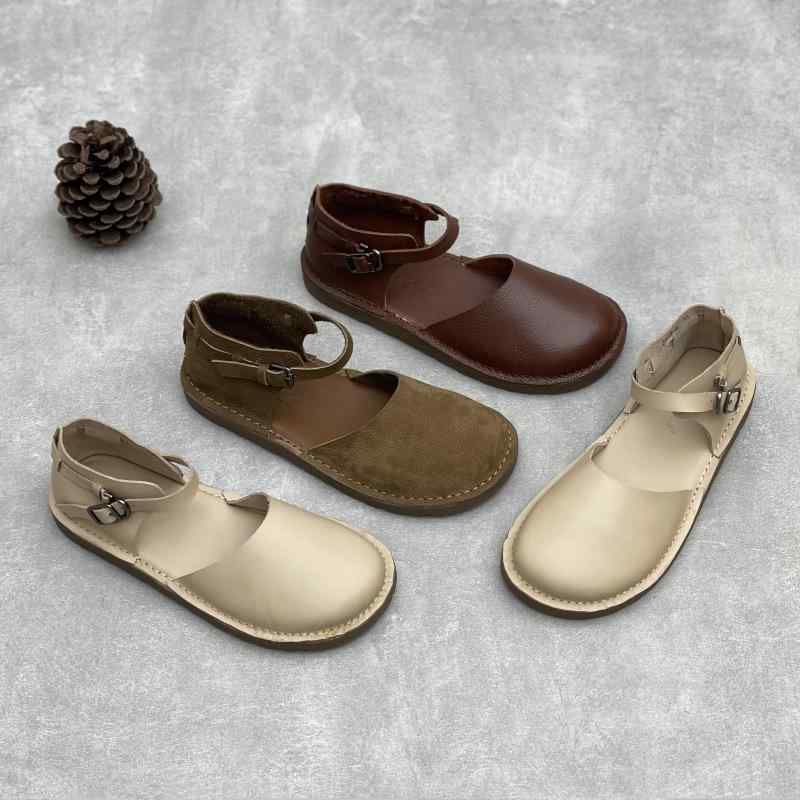 レディース 包頭サンダル 夏用 女性用 ソフトソール 快適 平底 復古 芸術的 日常 休日 牛皮 シューズ 牛革 透気性 軽量 耐摩耗 純色 ラウンドトゥ バックル ローカット サイドオープニング 低腰 夏カラー 杏色 ・柑其色 コーヒー色