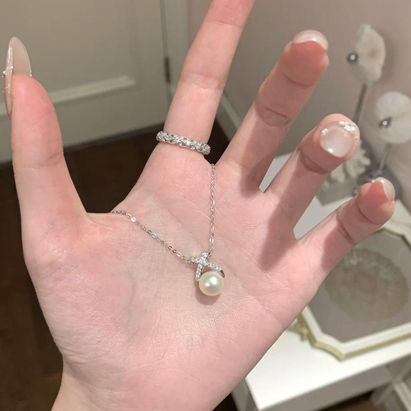 ネックレス 女性用 925シルバー 淡水パール 鎖骨チェーン 気質 シンプル インスピレーション風 ジオメトリック シングルレイヤー Oチェーン ホワイトゴールド 冬 日常 通勤 自然 アクセサリー 軽量 輝き ファッション