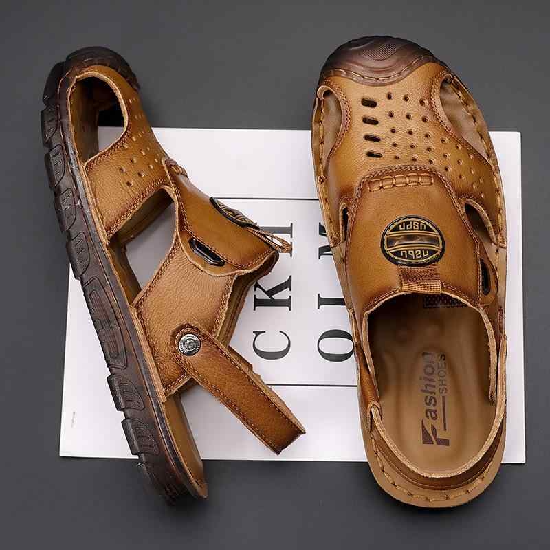 メンズ サンダル 男性用 包頭 夏 春夏 黄色 ブラック 牛革 シューズ 牛筋底 軽量 防滑 透け感 切り替え ビーチサンダル ルームサンダル カジュアルシューズ 日常使い 屋外 伸縮性 吸湿速乾 ハイウエスト ビッグシルエット Vネック