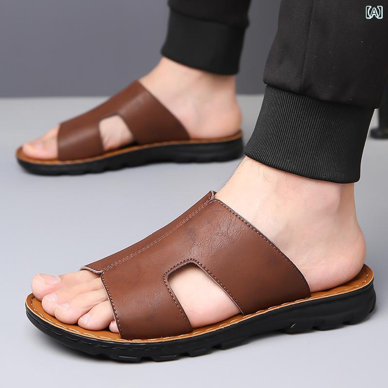 メンズ ビーチサンダル 夏用 男性用 真皮 牛革 ソフトレザー 柔らかい ポリウレタン底 防滑 縫製加工 ブラウン ブラック 茶色 黒色 軽量 快適 通気性 良好 屋外用 ビーチ プールサイド 休日 リラックス 履きやすい スリッポン スタイル シンプル