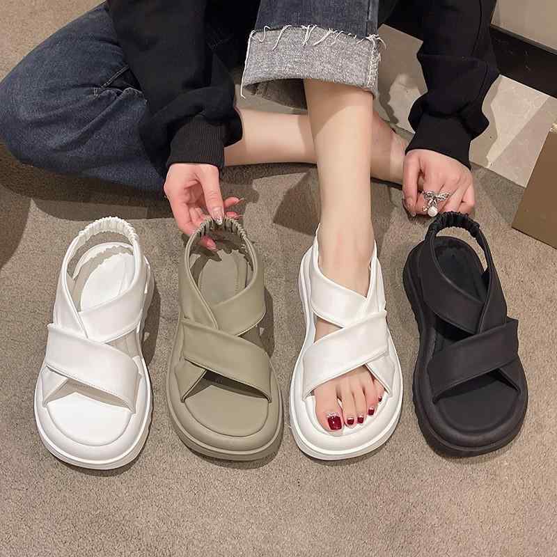 レディース 厚底 ローマサンダル 夏用 韓風 交叉ストラップ オープントゥ 仙女風 魚嘴 デザイン 伸縮性 バンド PU素材 軽量 ブラック ミ色 グリーン 伸縮 足元 快適 歩きやすい ビーチ サマー スタイル トレンド カジュアル 足元コーデ