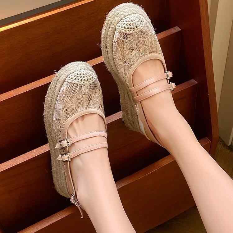 レディース 香?色 包頭 厚底 ヒール フラットシューズ レース 蝶結び 網布 素材 丸頭 デザイン 草編み底 ゴム底 接触冷感 軽量 伸縮性 吸湿速乾 通気性 夏 春夏 秋 ウィンター 通勤用 普段使い アウトドア カジュアル スタイル 香?カラー ア