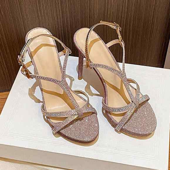 サンダル 女性用 夏 春夏 秋 尖頭 細ヒール ハイヒール 一本ストラップ グリッター ローズゴールド シルバー 水晶装飾 軽量 伸縮性 接触冷感 吸湿速乾 超高ヒール 欧米風 フォーマル パーティー ウェディング 普段使い 通勤用