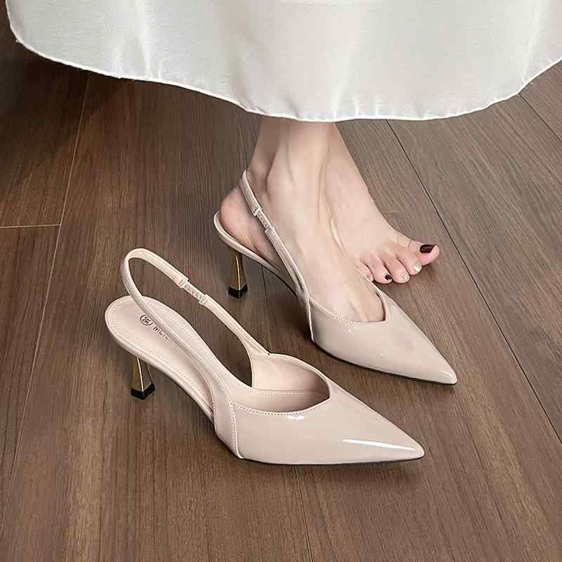 サンダル 女性用 夏 バックストラップ セクシー ポインテッドトゥ 細ヒール バックオープン 包頭 後空 軽量 二層牛皮 羊皮内里 ゴムソール 切り替えデザイン ブラック ヌード 赤 ストーン柄 ハイヒール 6-8cm ファッション 通勤 普段使い 伸縮