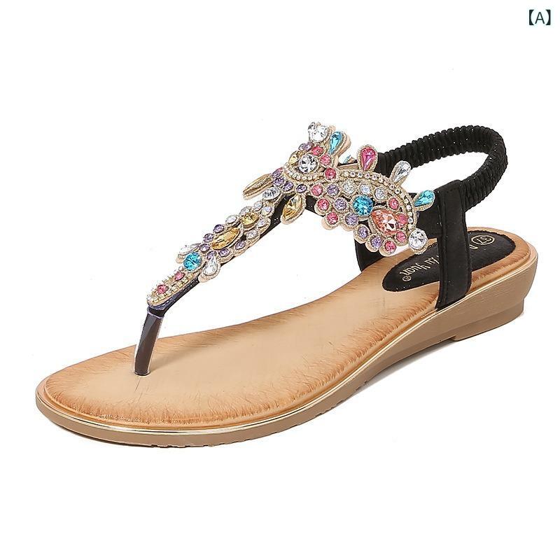 サンダル 女性用 ボヘミアン クリスタル トングサンダル 厚底 ウェッジヒール ローマンスタイル ピンク系 ブラック シルバー ゴールド カラーバリエーション PU素材 軽量 快適フィット 夏用 歩きやすい ファッション アクセサリー デコレーション 開